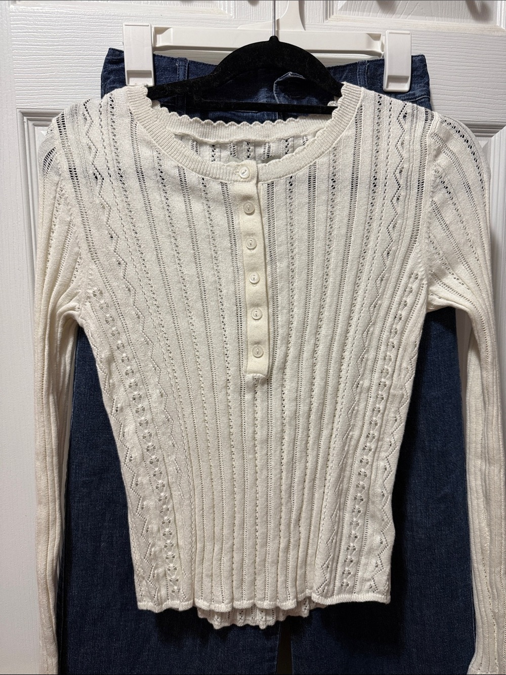 American Eagle Outfitters Cream Eyelet Knit Henley